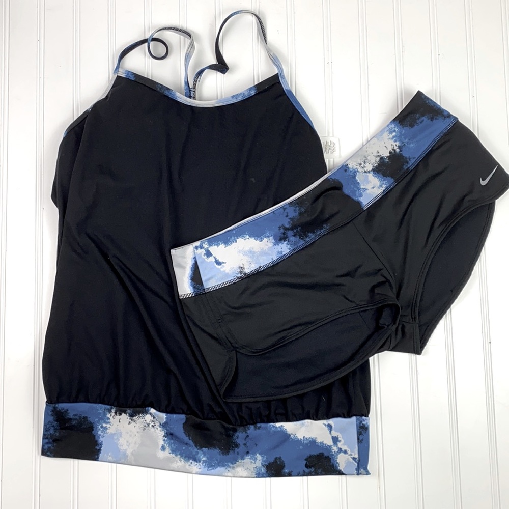 Nike Cascade layered tank and short set in black with blue, white & black band